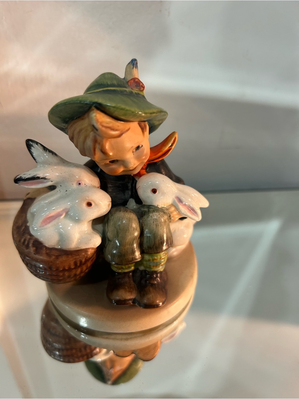 Rare Hummel bee with v mark Figurine boy with White Bunnies - Green Hat